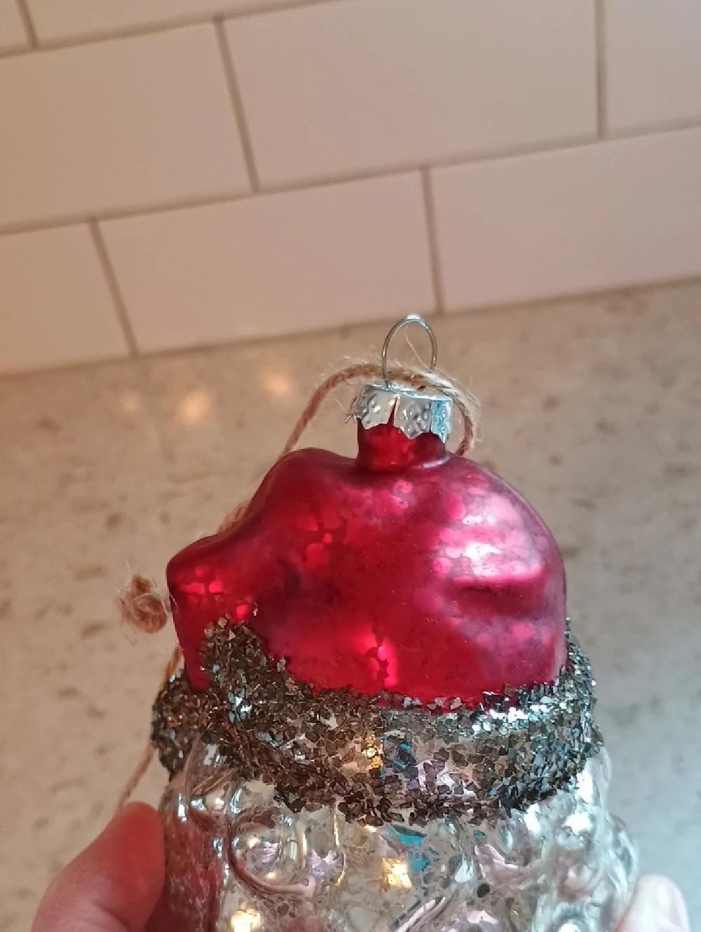 Pottery Barn Santa Ornament in Red and Silver